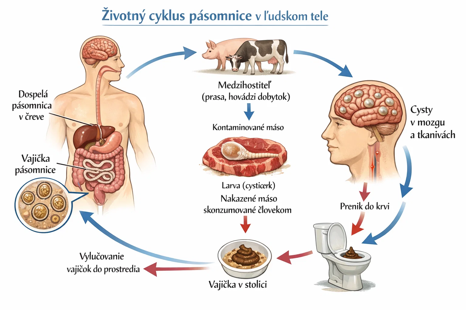 Diagram showing the life cycle of a tapeworm in the human body, medical infographic with anatomy