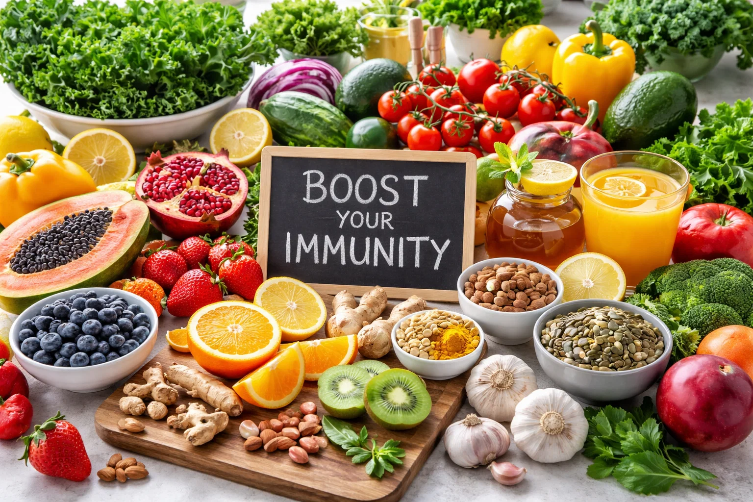 Fresh fruits and vegetables, healthy diet to support immunity, colorful foods on a kitchen table